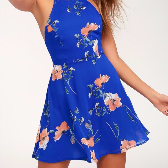 NEW Lulu’s Royal Blue Floral Print Lace-Up Skater Dress Women’s Size Small - Picture 2 of 9
